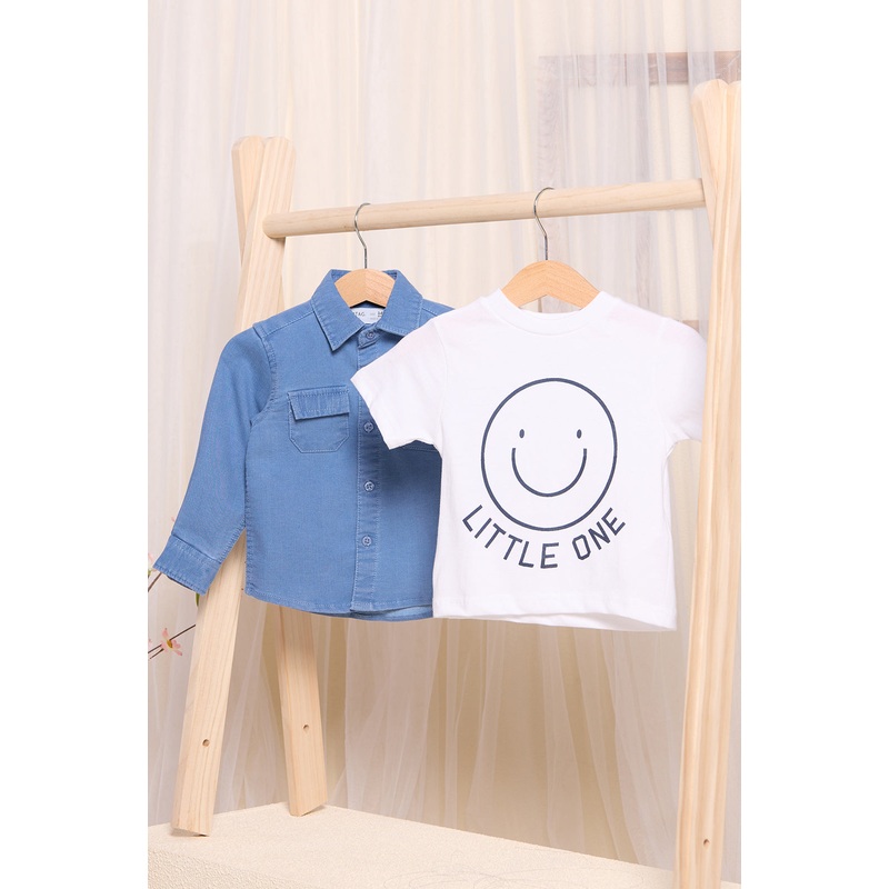 Infant Boys White And Blue Denim Shirt With T-Shirt (2 Piece)