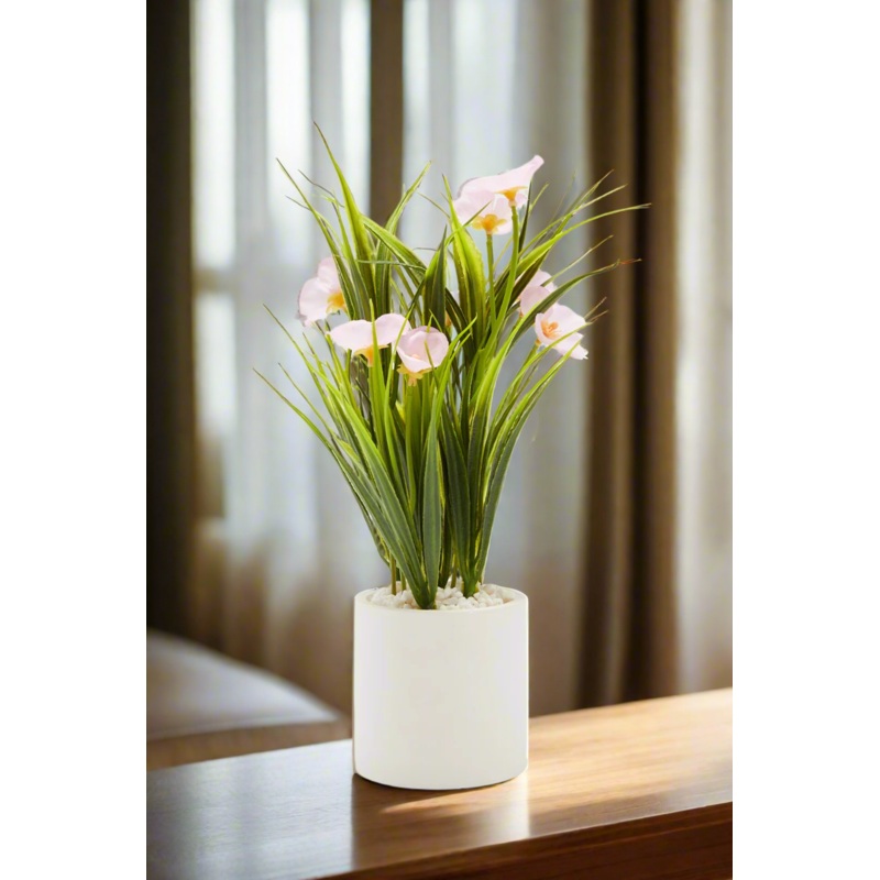 Pink Artificial Lily In Cement Pot