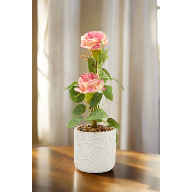 Pink Artificial Rose In Cement Pot