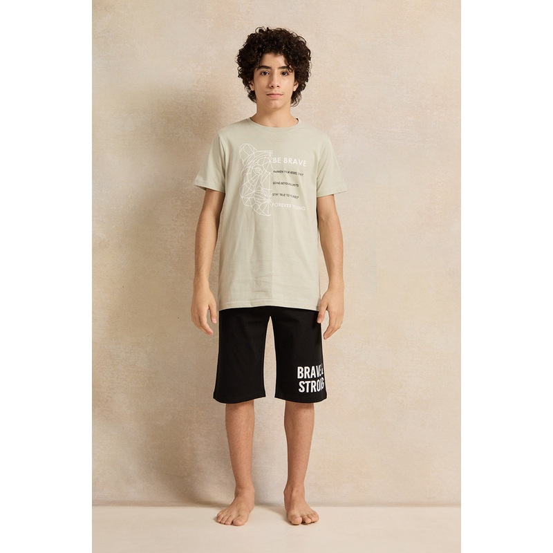 Senior Boys Black And Beige Printed Pyjama Set (2 Piece)