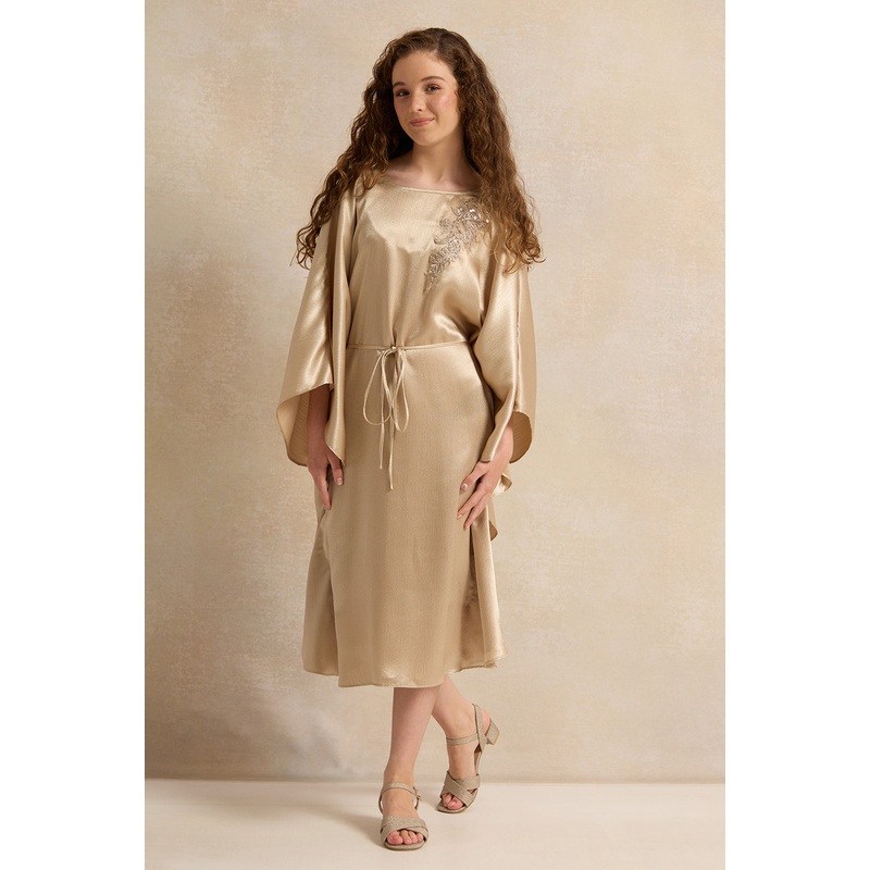 Senior Girls Beige Kaftan Dress With Embroidery