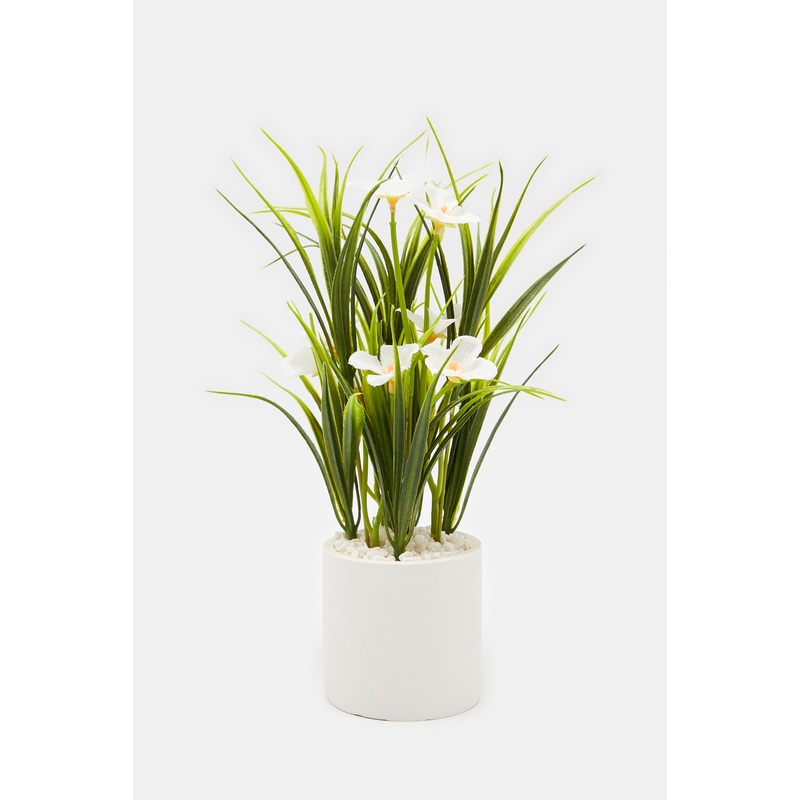 White Artificial Lily In Cement Pot