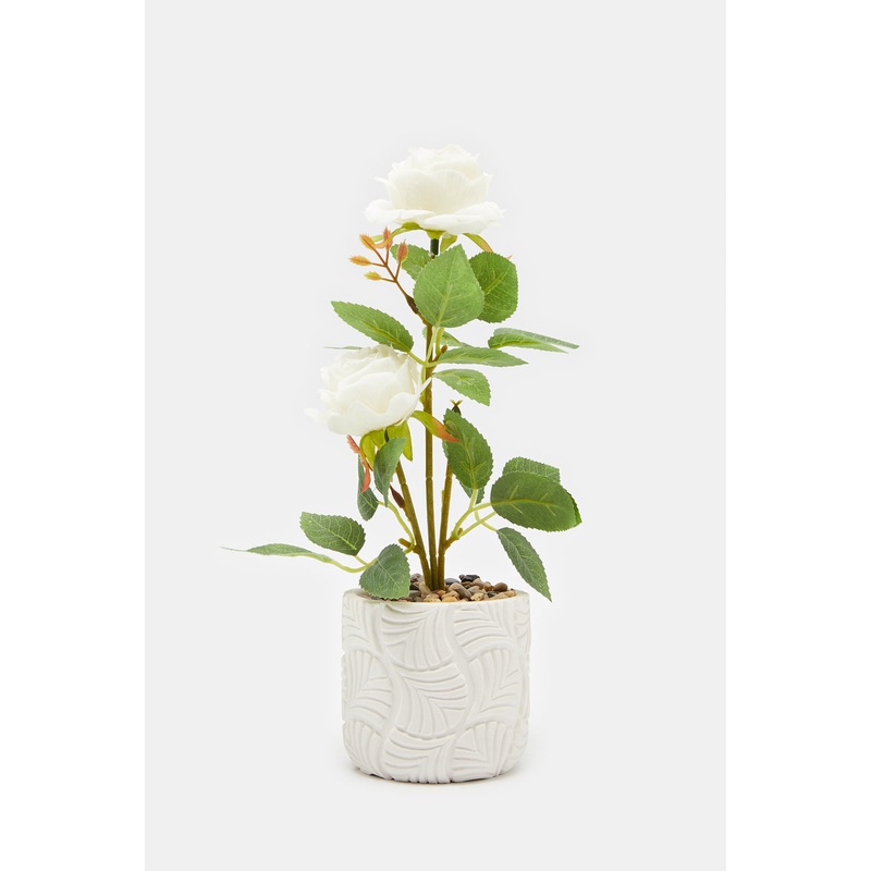 White Artificial Rose In Cement Pot
