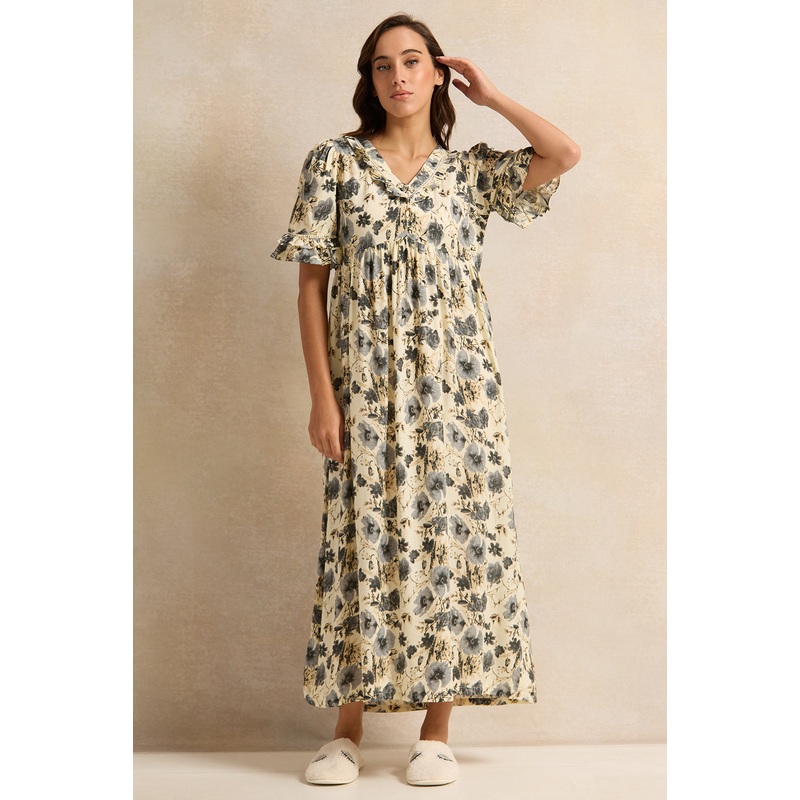 Women Beige Floral Printed Nightgown