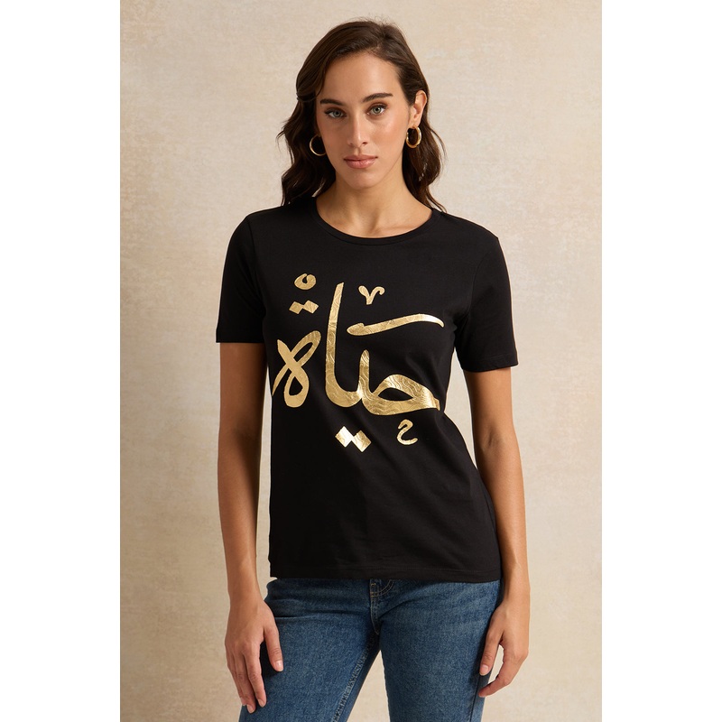Women Black Foil Print T-Shirt