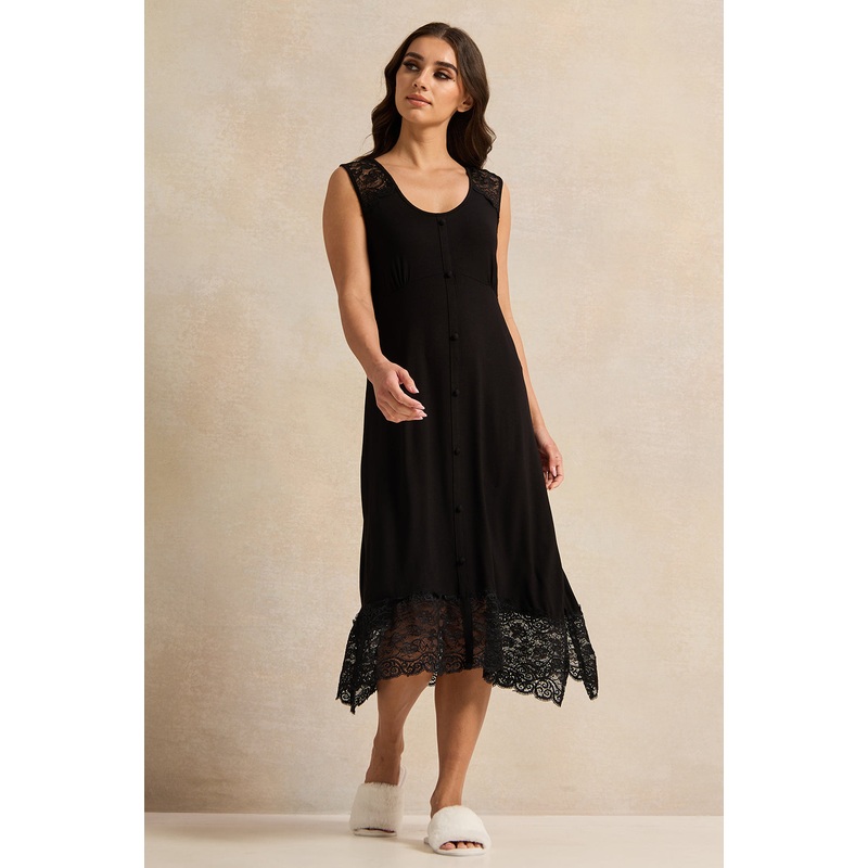 Women Black Lace Embellished Chemise