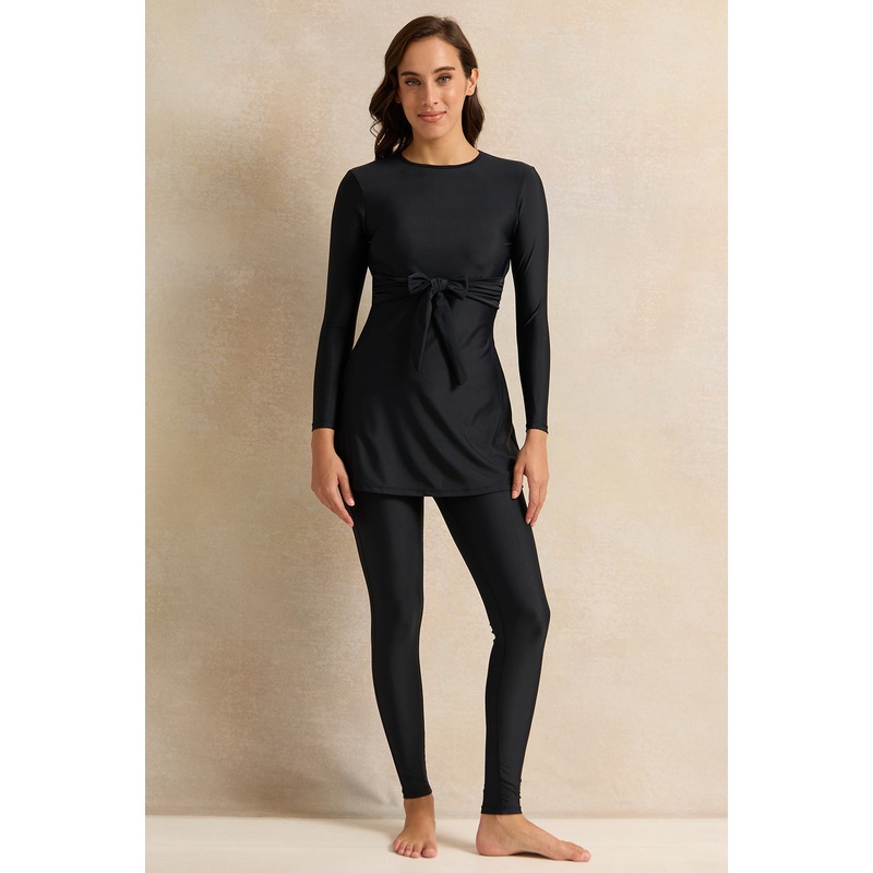 Women Black Tie Front Burkini Set (2 Piece)