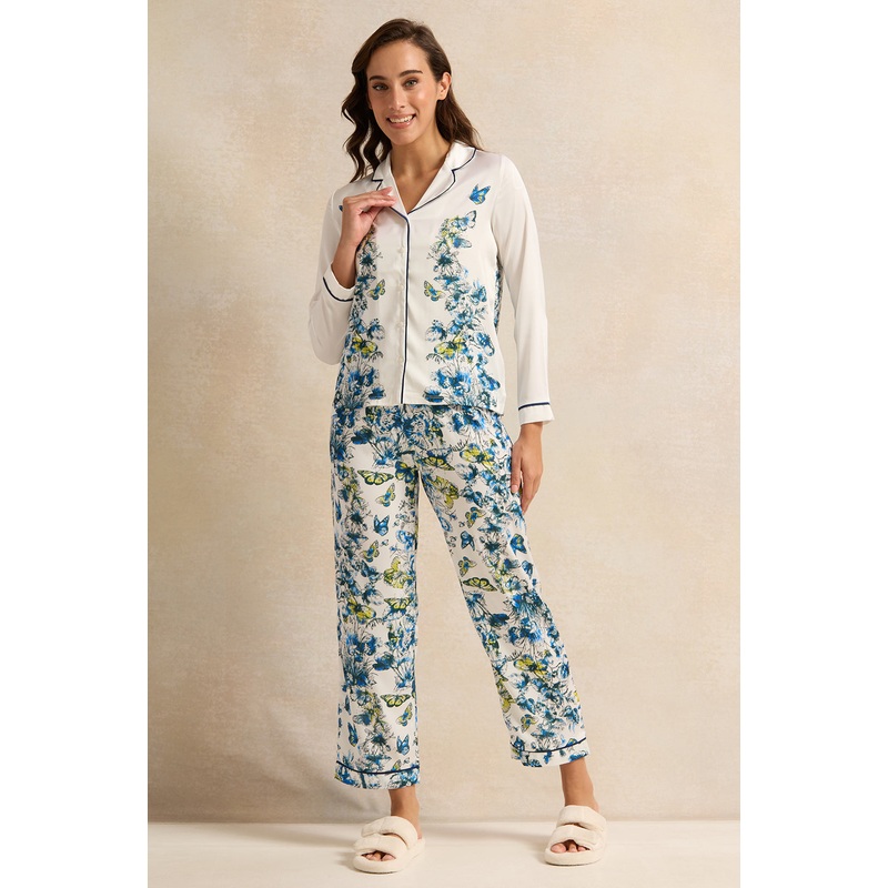Women Blue And White Satin Classic Pyjama Set (2 Piece)