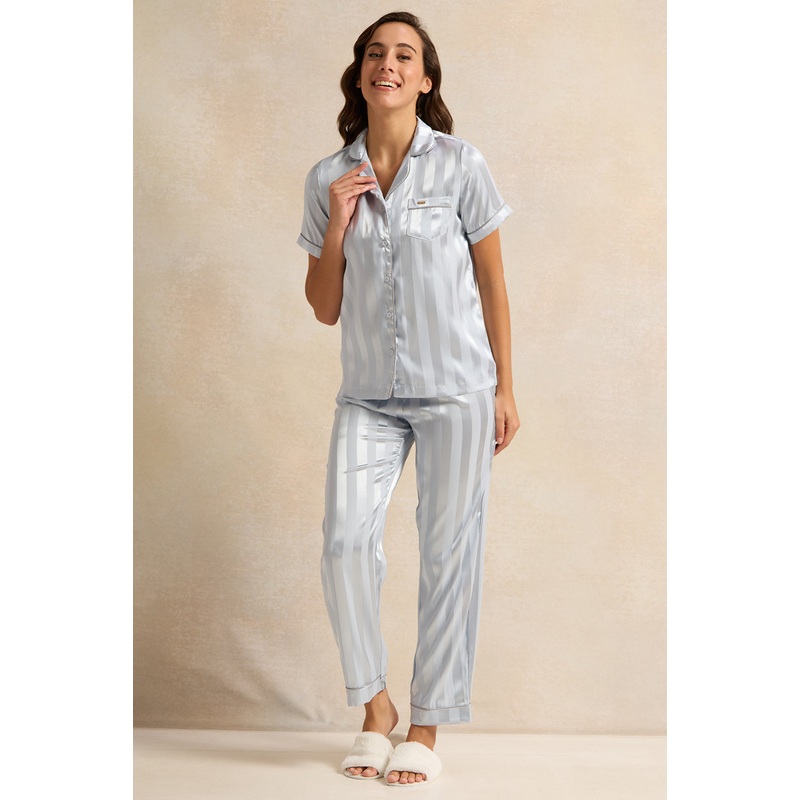 Women Blue Striped Classic Pyjama Set (2 Piece)