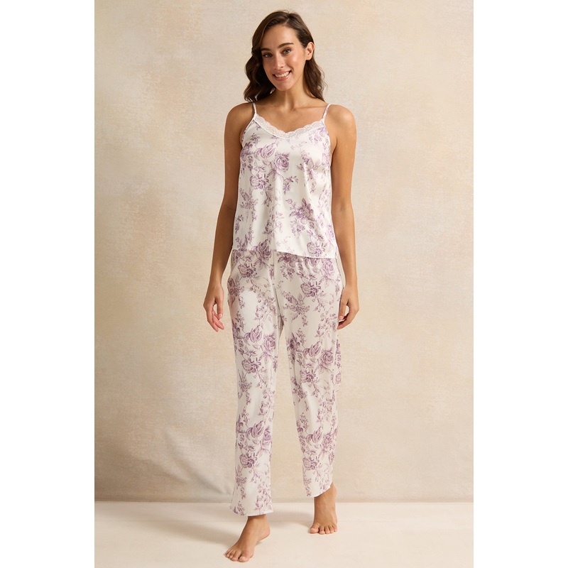 Women Lilac Floral Long Cami Set (2 Piece)