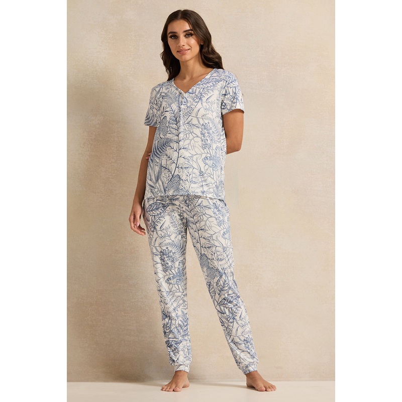 Women White And Blue Printed Pyjama Set (2 Piece)