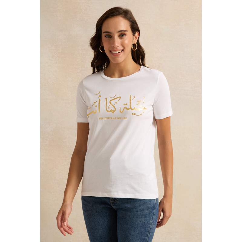 Women White Foil Printed T-Shirt