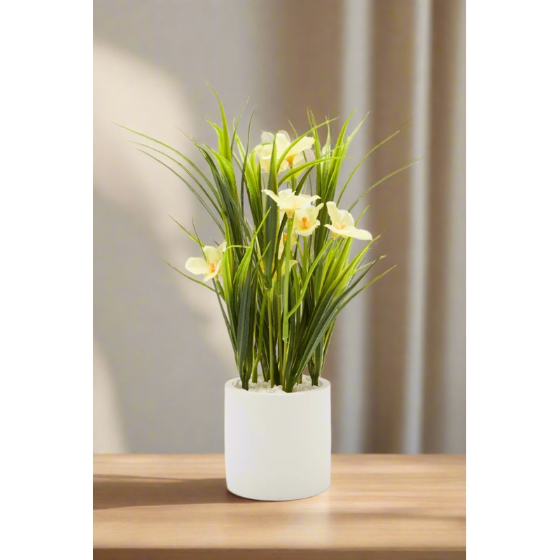 Yellow Artificial Lily In Cement Pot