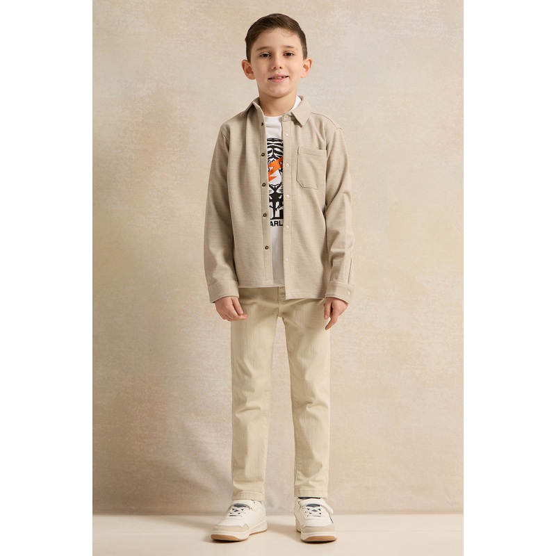 Boys Beige Long Sleeve Shirt With White Printed T-Shirt Set (2 Piece)