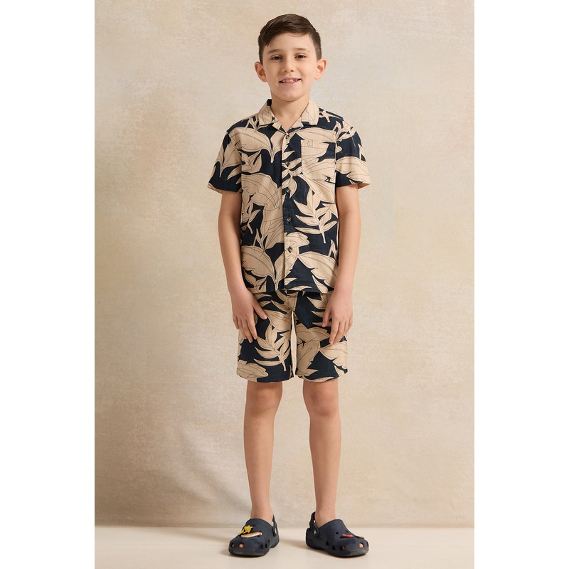 Boys Beige Printed Shirt With Shorts set (2 Piece)
