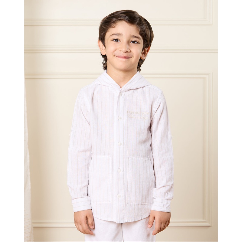 Boys Beige Striped Linen Hooded Shirt