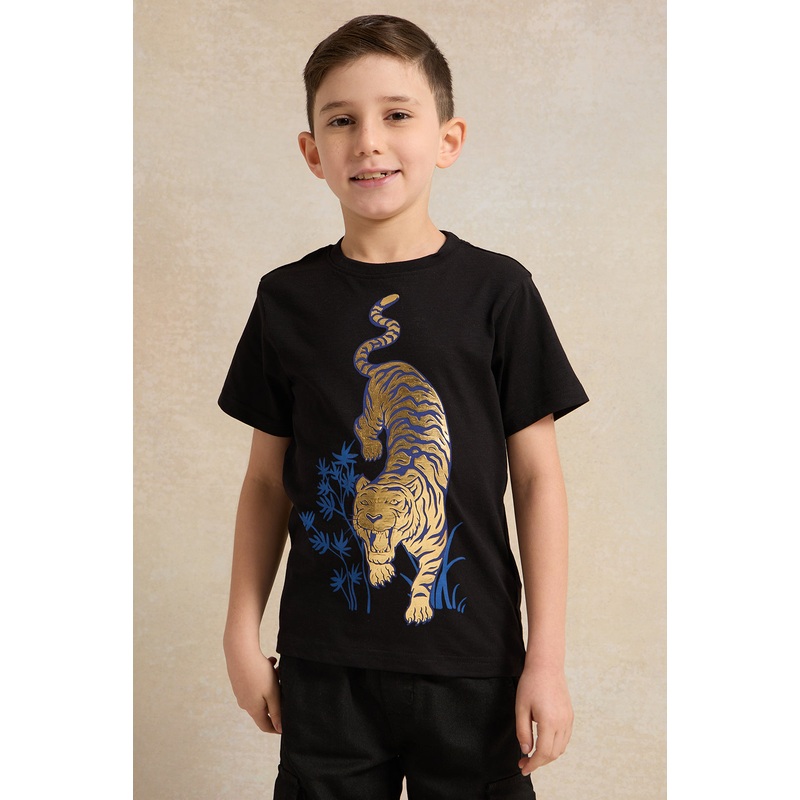 Boys Black Tiger Foil Short Sleeve T-Shirt