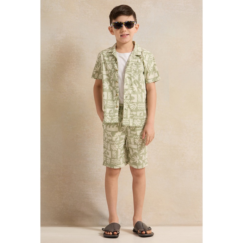 Boys Olive Printed Shirt With Shorts set (2 Piece)