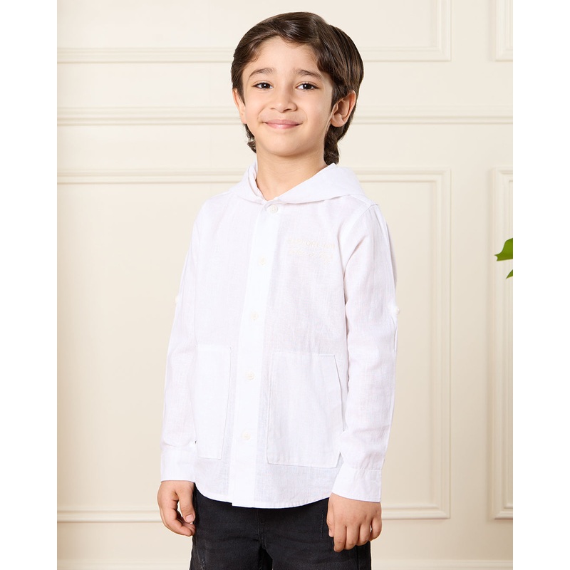 Boys White Long Sleeve Linen Hooded Shirt