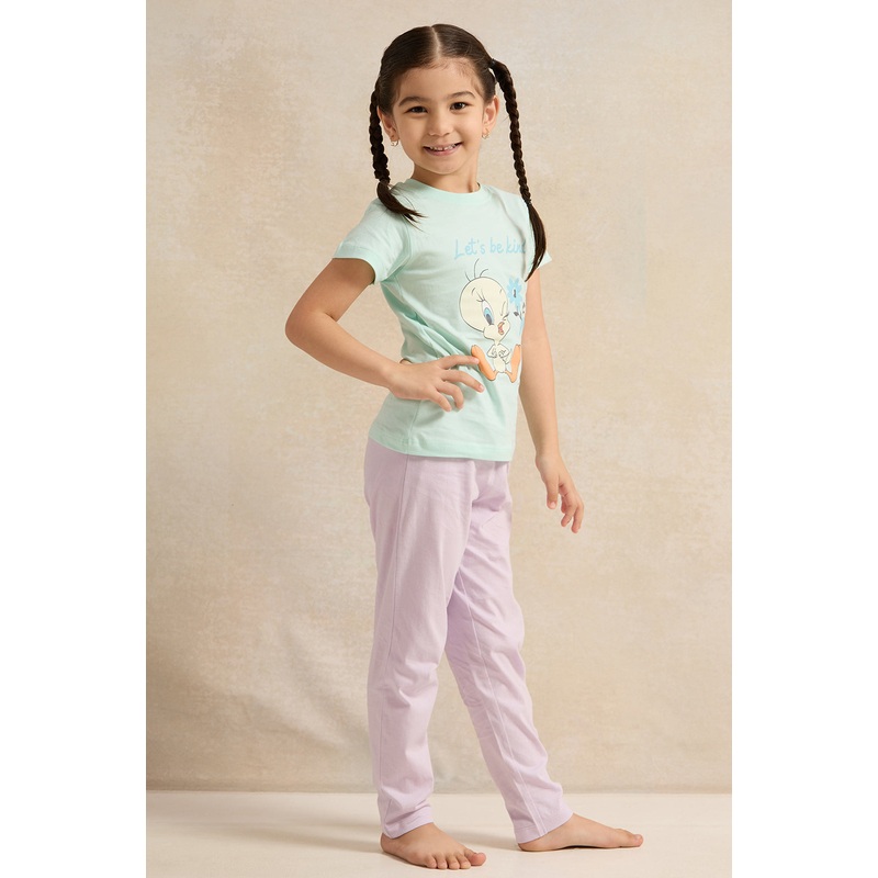 Girls Blue And Lilac Tweety Print Pyjama Set (2 Piece)