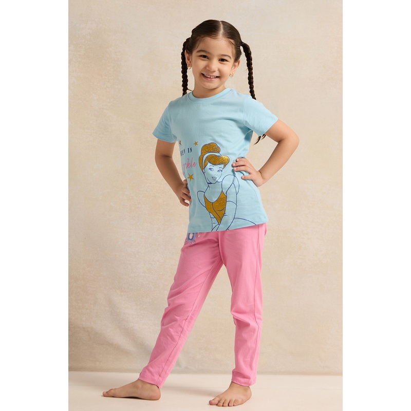 Girls Blue And Pink Princess Print Pyjama Set (2 Piece)