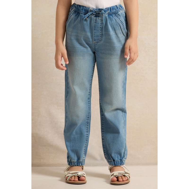 Girls Blue Frill Pocket Jeggings