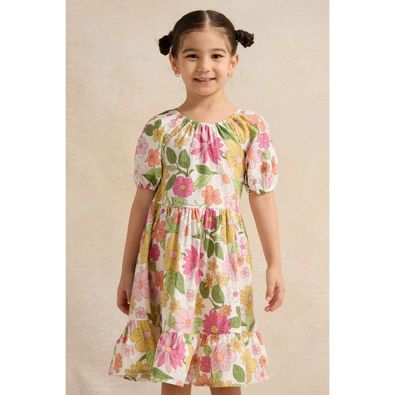 Girls White Floral Print Dress