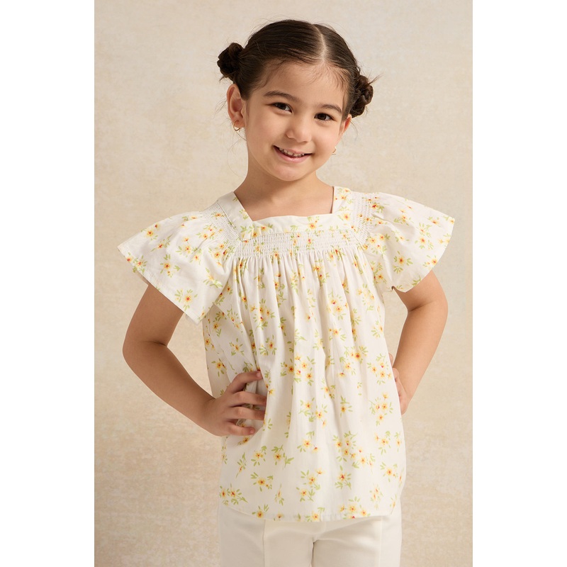 Girls White Floral Printed Blouse