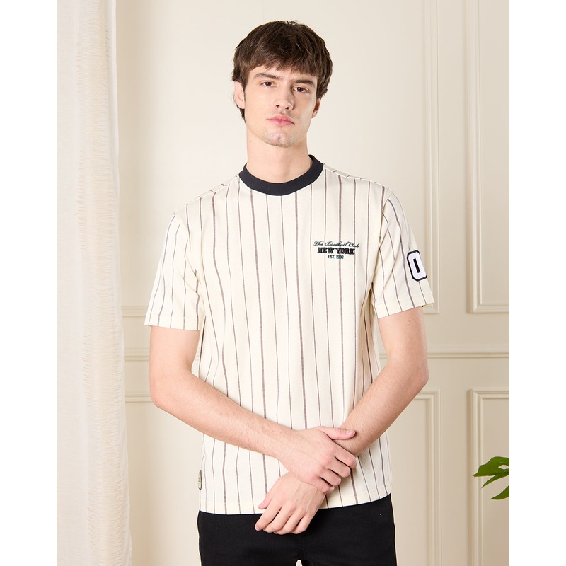 Men Cream Baseball Striped T-Shirt