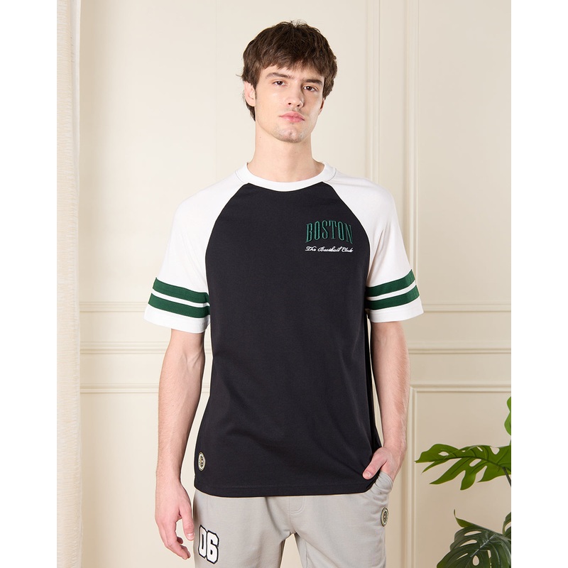 Men White And Black Boston Print T-Shirt