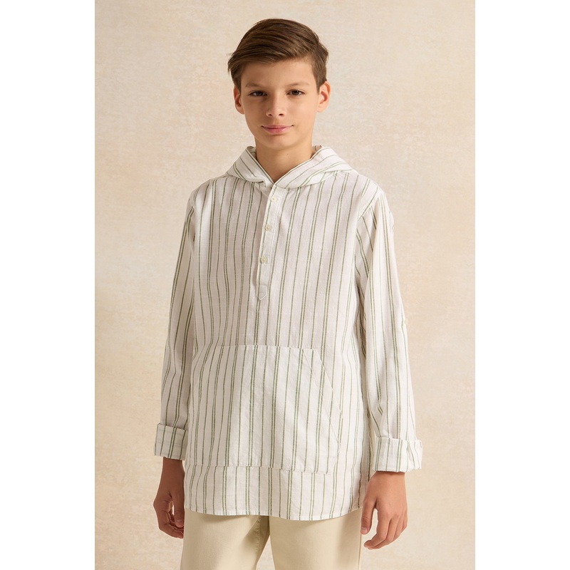 Senior Boys Beige Striped Hooded Shirt