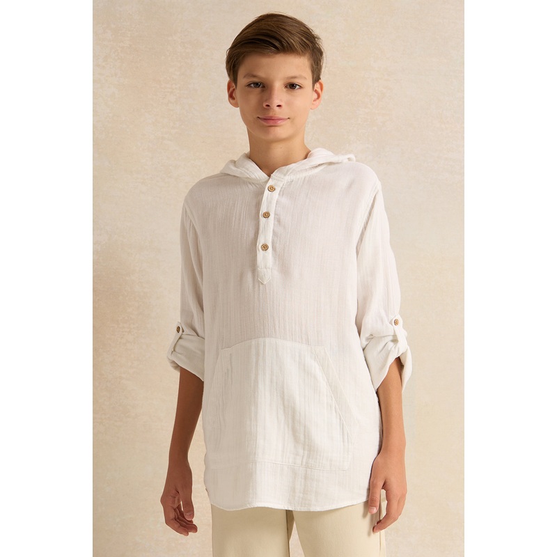 Senior Boys White Hooded Kangaroo Pocket Shirt