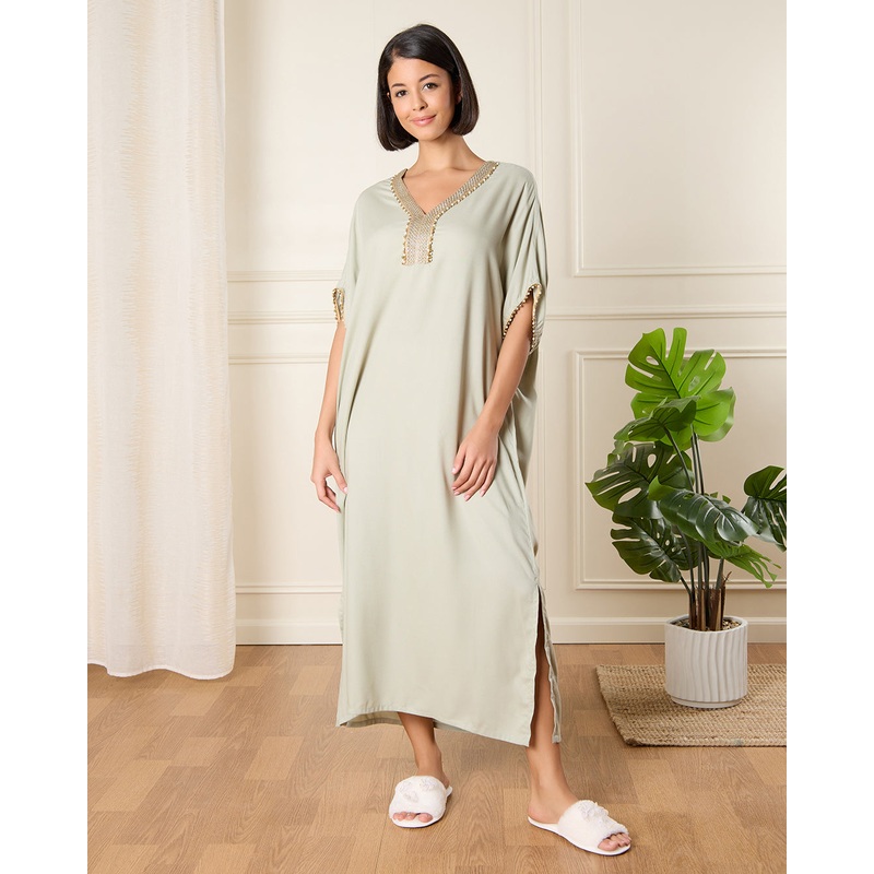Women Beige Embellished Kaftan Nightgown