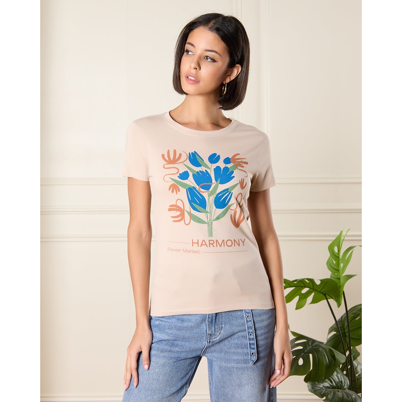 Women Beige Floral Print T-Shirt