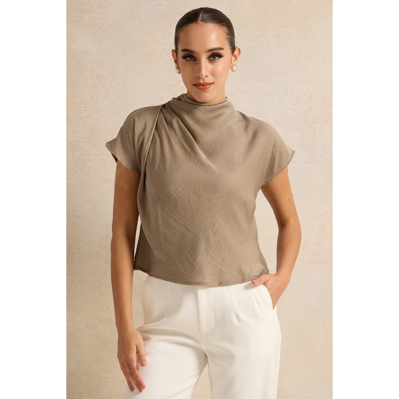 Women Beige High Cowl Neck Satin Blouse