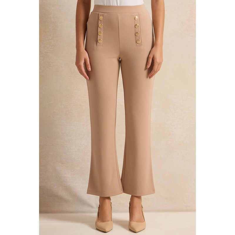Women Beige Metal Buttoned Straight Leg Trouser