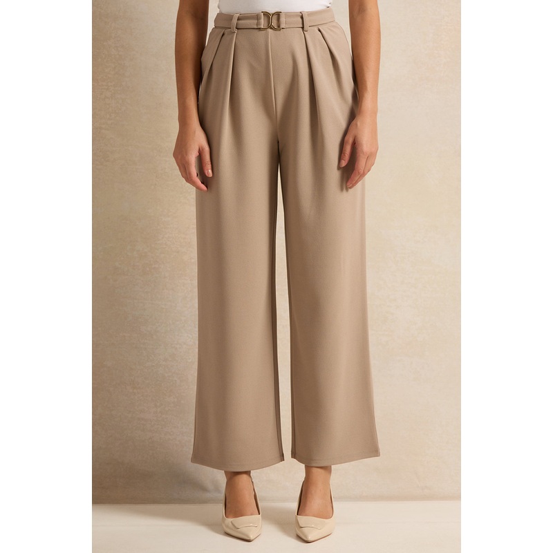 Women Beige Metal Detail Smart Trousers