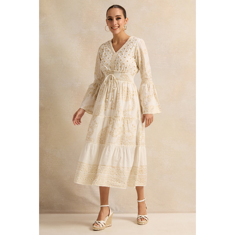 Women Beige Printed Tiered Dress