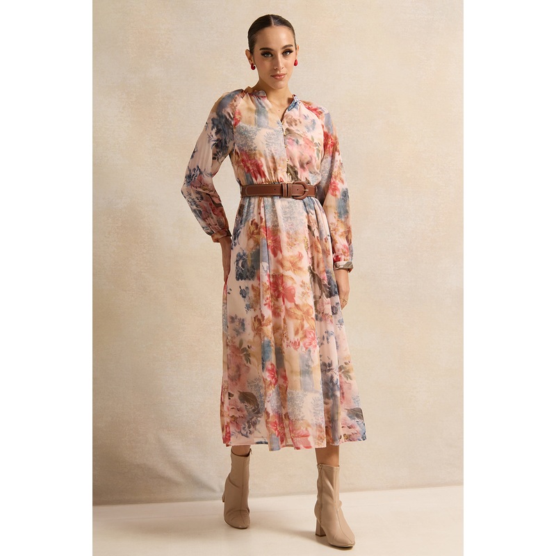 Women Beige V-Neck Belted Dress