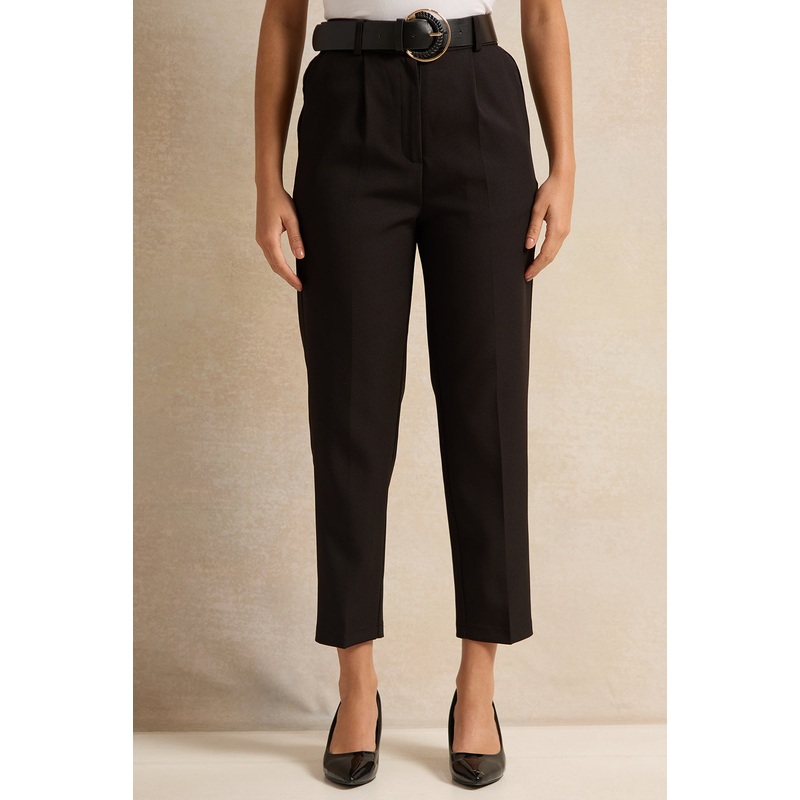 Women Black Belted Tapered Trousers