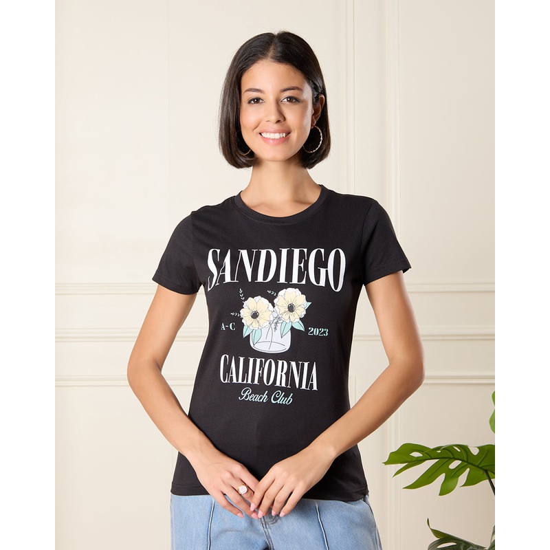 Women Black California Print T-Shirt