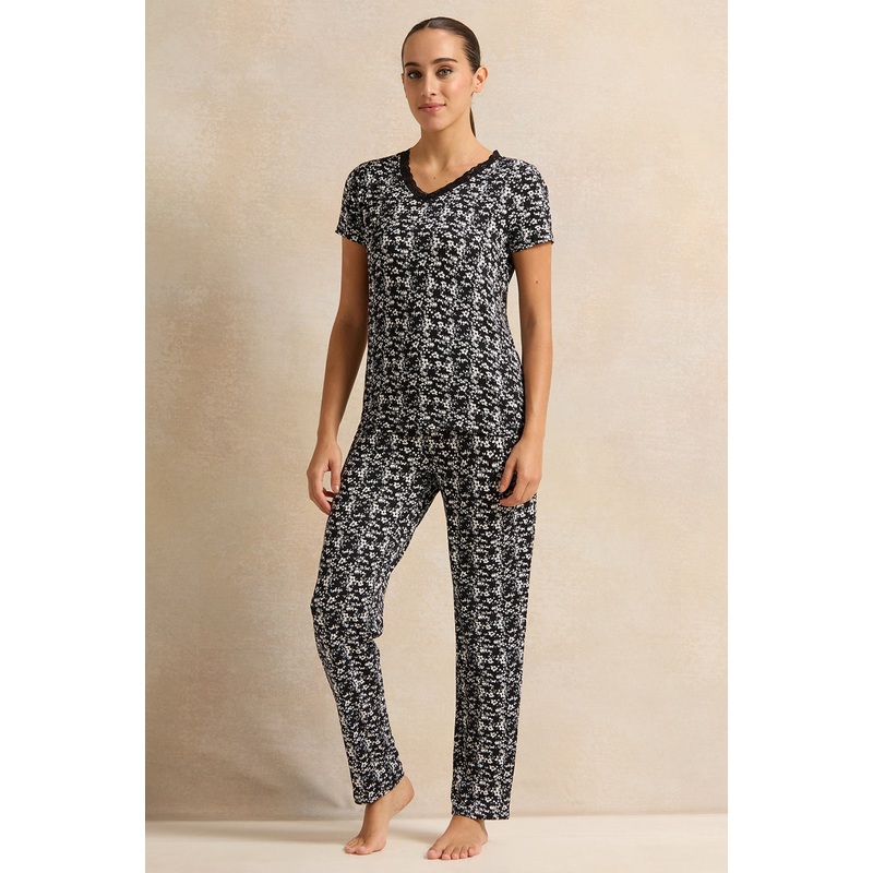 Women Black Printed Pyjama Set (2 Piece)
