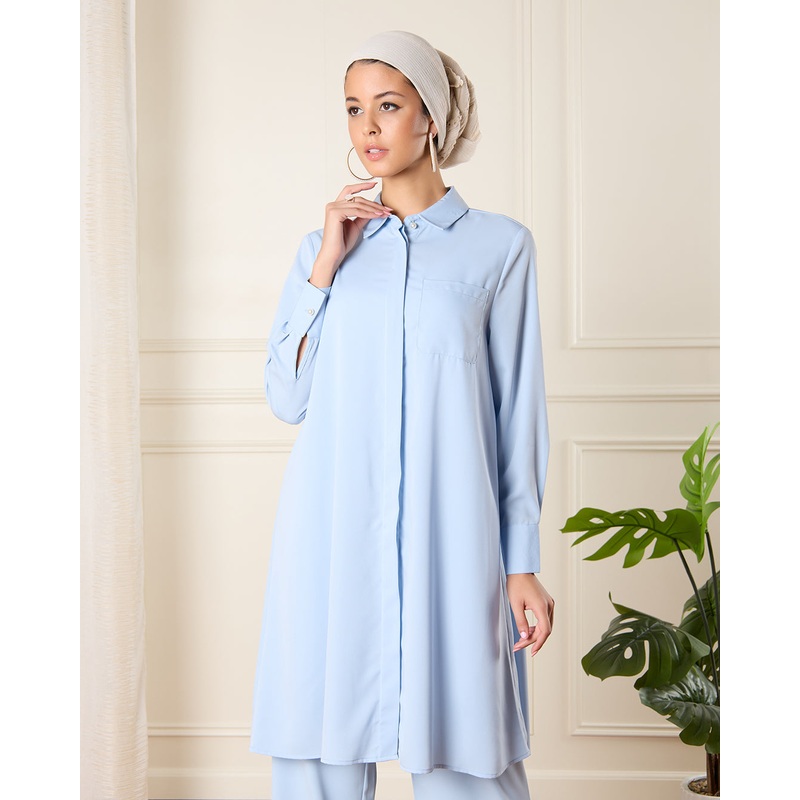 Women Blue Button Front Tunic Dress