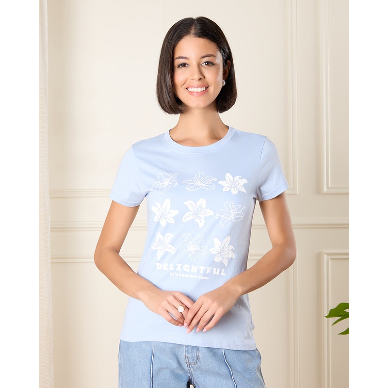 Women Blue Floral Print T-Shirt