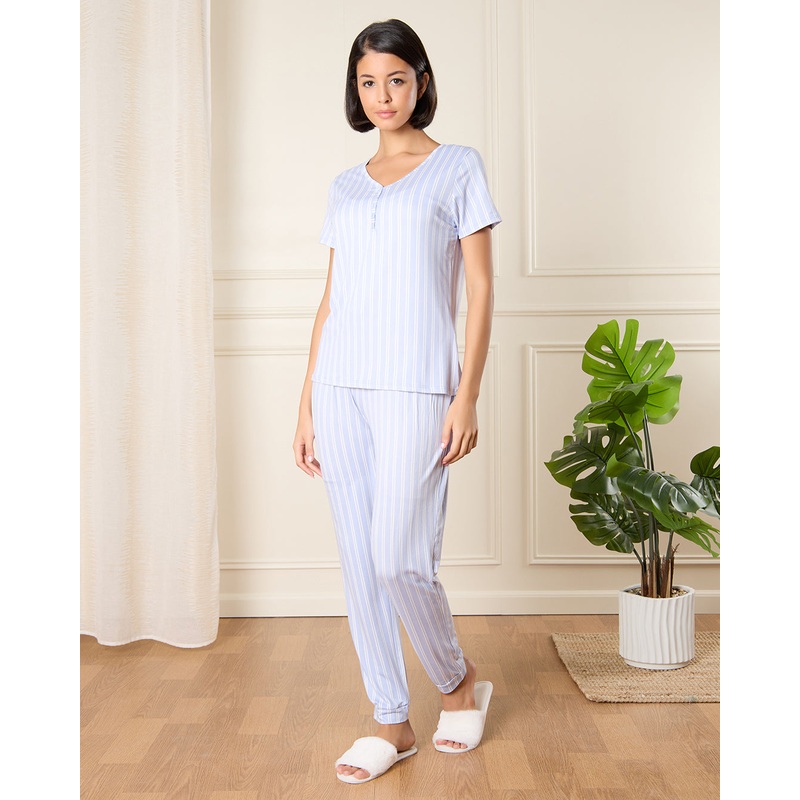 Women Blue Striped Pyjama Set (2 Piece)