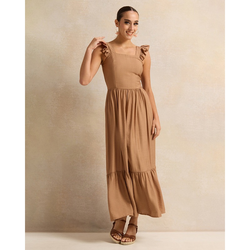 Women Brown Square Neck Tiered Dress