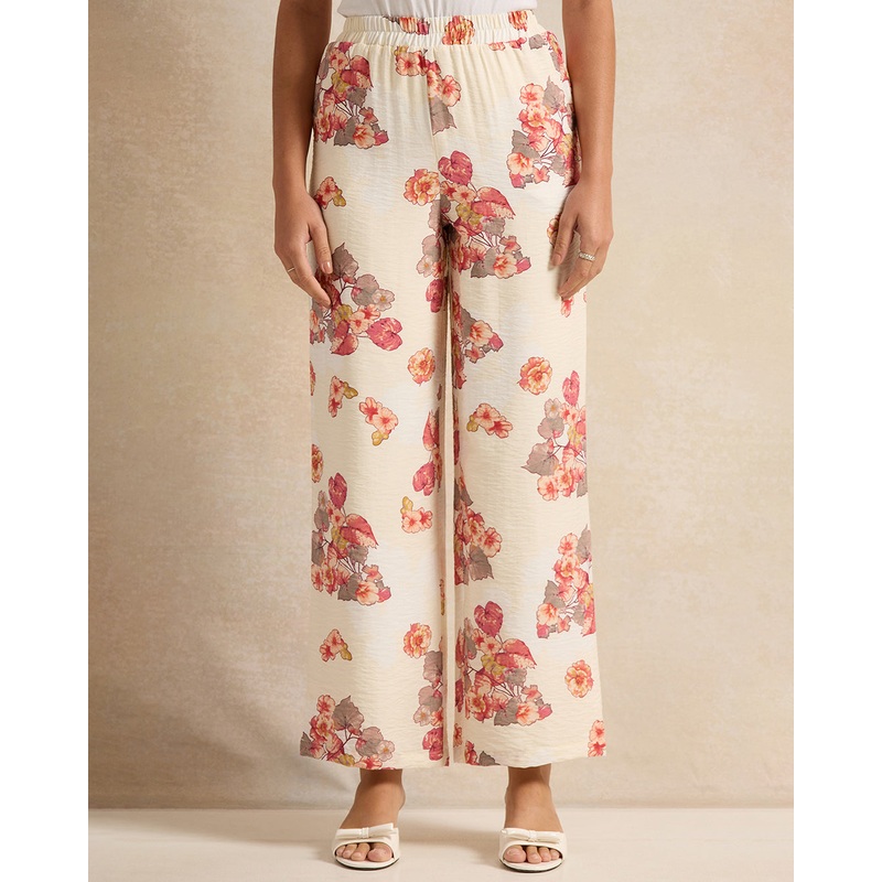 Women Cream Floral Print Trousers