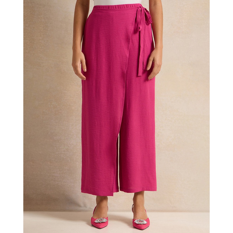 Women Fuchsia Wrap Detailed Wide Leg Trousers