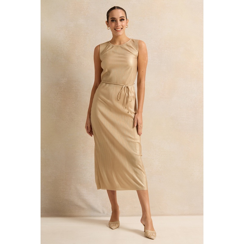 Women Gold Textured Sleeveless Maxi Dress