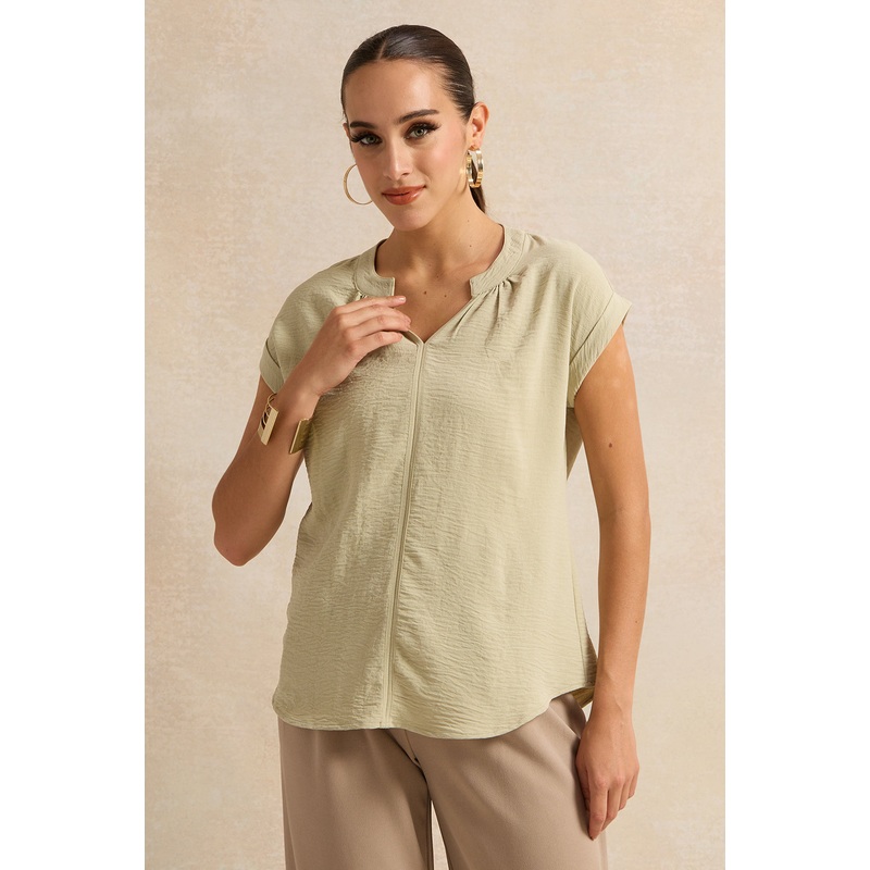 Women Green Roll Up Sleeve Blouse